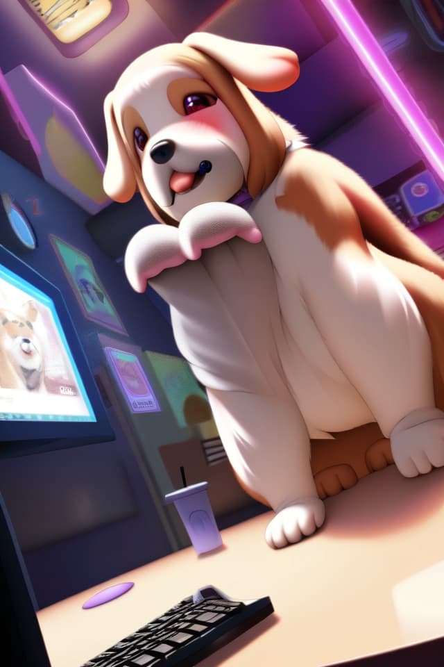  ((holding 🎮:1.4、girl play game、accurate hands))、(((droopin dog ears、lop beagle's ears)))、anthropomorphic furry dog girl、tongue out blush smiling:1.4、long hair:1.4、dutch angle、neon lighting、in Internet cafe、best quality:1.4、masterpiece:1.4、ultra detailed texture、RAW photorealistic:1.4、absurd resolution、8K illustration、💩、💩