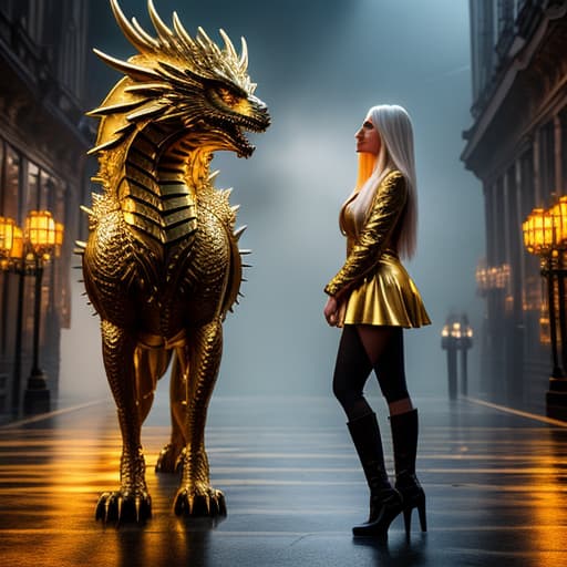  Beautiful girl standing with her golden dragon friend hyperrealistic, full body, detailed clothing, highly detailed, cinematic lighting, stunningly beautiful, intricate, sharp focus, f/1. 8, 85mm, (centered image composition), (professionally color graded), ((bright soft diffused light)), volumetric fog, trending on instagram, trending on tumblr, HDR 4K, 8K