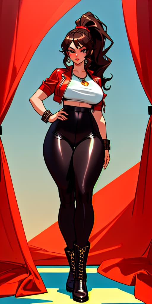  Extremely beautiful face, Mexican woman, slave woman, hourglass body, latina, Mexican face, extreme facial features, wearing makeup, dimples, long brown curly hair in ponytail, (curtain bangs) in in red leather jacket, plain white v neck t shirt, shirt showing boobs, black leggings, black boots, extremely detailed, stunning visuals, Strong athletic body, thick thighs showing, curved hips, detailed face, beautiful eyes, full body thighs showing, sexy body, latina baddie, best quality, detailed clothing, highly detailed, stunningly beautiful,