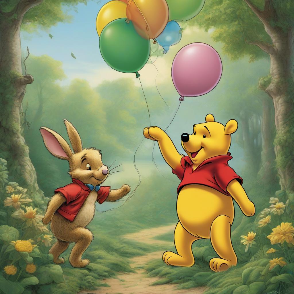  ((A Comic from Winnie the Pooh and the Rabbit's Life)) based on the tale by Alan Alexander Milne. ((Winnie the Pooh is taller than the Rabbit)). ((Winnie the Pooh gives the Rabbit a green colored balloon and a jar of honey)). Oil painting, high detailed brushstrokes. Comic style hyperrealistic, full body, detailed clothing, highly detailed, cinematic lighting, stunningly beautiful, intricate, sharp focus, f/1. 8, 85mm, (centered image composition), (professionally color graded), ((bright soft diffused light)), volumetric fog, trending on instagram, trending on tumblr, HDR 4K, 8K