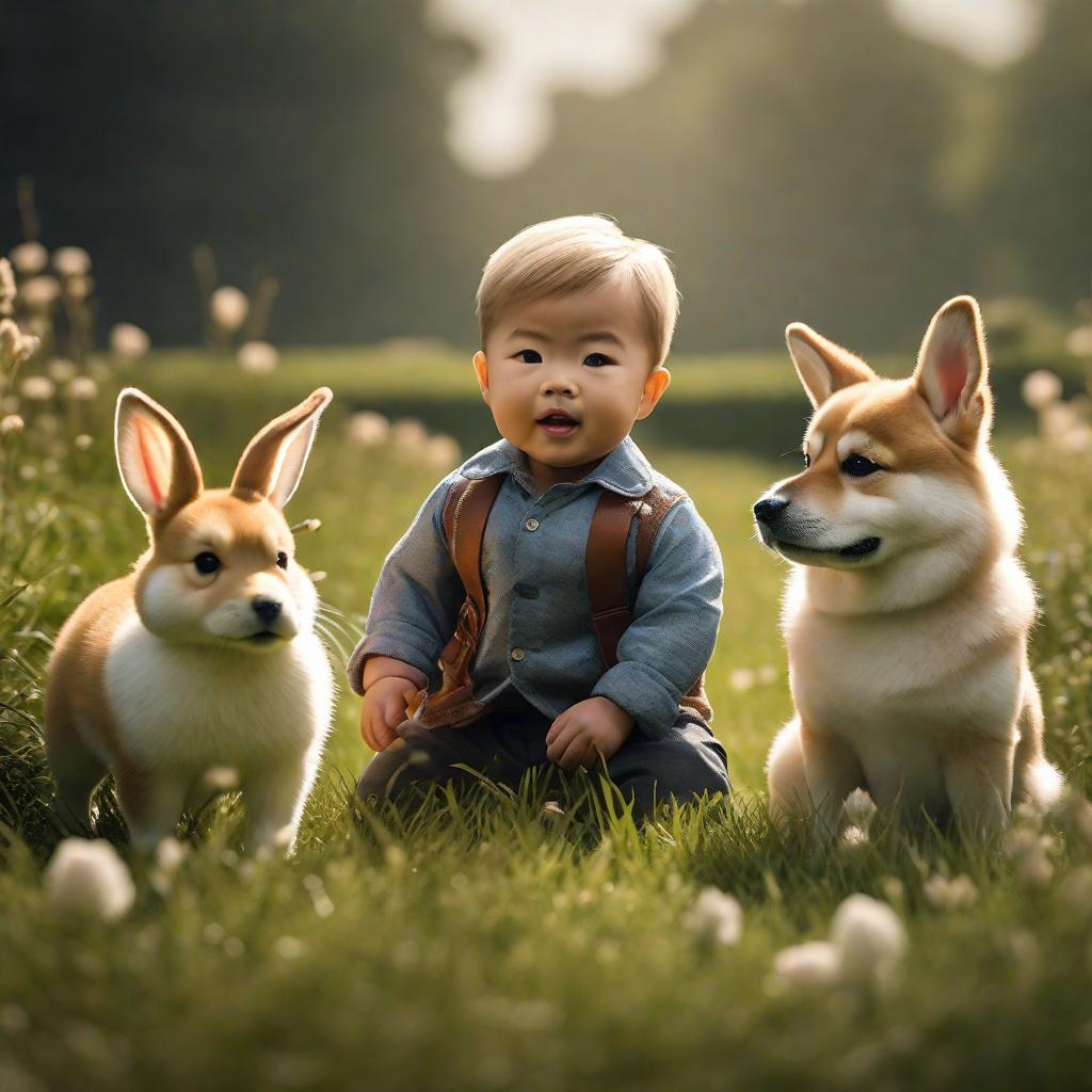  generate a young boy named dingleberry playing in a field with bunnies and baby shiba dogs hyperrealistic, full body, detailed clothing, highly detailed, cinematic lighting, stunningly beautiful, intricate, sharp focus, f/1. 8, 85mm, (centered image composition), (professionally color graded), ((bright soft diffused light)), volumetric fog, trending on instagram, trending on tumblr, HDR 4K, 8K