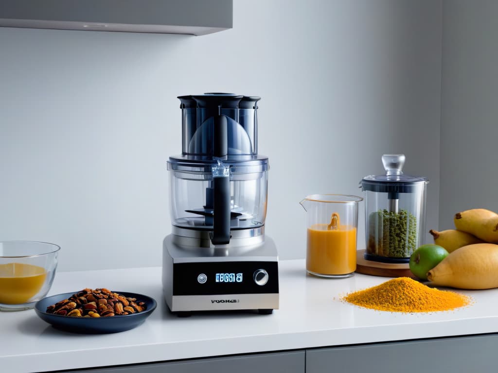  A sleek, modern kitchen countertop with a highend professional food processor as the focal point. The food processor is shiny silver with black accents, exuding a sense of power and precision. It is surrounded by neatly arranged bowls of colorful ingredients like fresh berries, nuts, and chocolate chips, hinting at the delicious creations that can be made with this topoftheline appliance. The overall aesthetic is clean, elegant, and aspirational, appealing to the sophisticated home baker looking to elevate their pastry game. hyperrealistic, full body, detailed clothing, highly detailed, cinematic lighting, stunningly beautiful, intricate, sharp focus, f/1. 8, 85mm, (centered image composition), (professionally color graded), ((bright soft diffused light)), volumetric fog, trending on instagram, trending on tumblr, HDR 4K, 8K