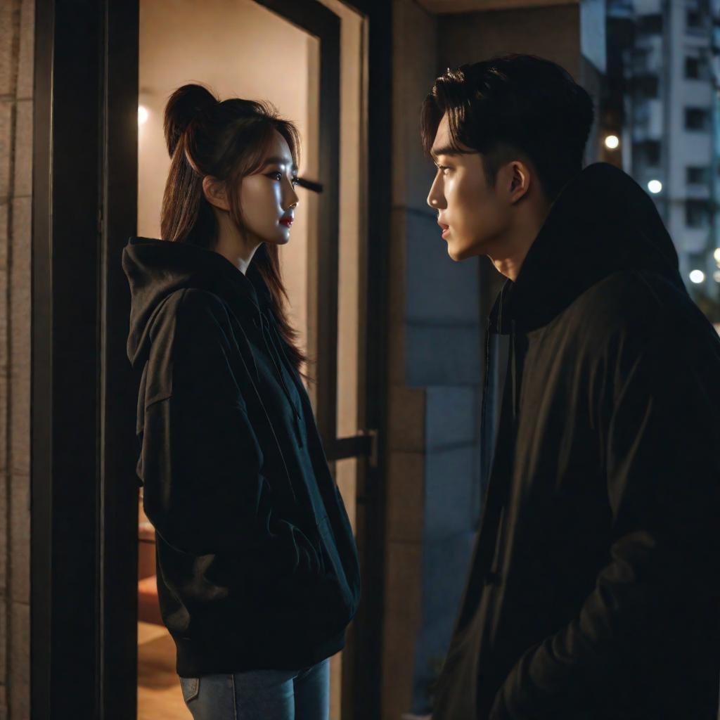  cinematic film still of handsome korean man, in a black hoodie, and a beautiful korean girl with long hair, talking near the door to an apartment, night, dim light, 8k, raw photo, best quality, ultrarealistic, ultra-detailed,  vignette, highly detailed, high budget, bokeh, cinemascope, moody, epic, gorgeous, film grain, grainylora:xlrealbeta1:0.5, shallow depth of field, vignette, highly detailed, high budget, bokeh, cinemascope, moody, epic, gorgeous, film grain, grainyneg promtanime, cartoon, graphic, text, painting, crayon, graphite, abstract, glitch, deformed, mutated, ugly, disfigured, anime, cartoon, graphic, text, painting, crayon, graphite, abstract, glitch, gaussian noise, badly drawn, poorly drawn,  blurry, cute, hyper detail, ful hyperrealistic, full body, detailed clothing, highly detailed, cinematic lighting, stunningly beautiful, intricate, sharp focus, f/1. 8, 85mm, (centered image composition), (professionally color graded), ((bright soft diffused light)), volumetric fog, trending on instagram, trending on tumblr, HDR 4K, 8K