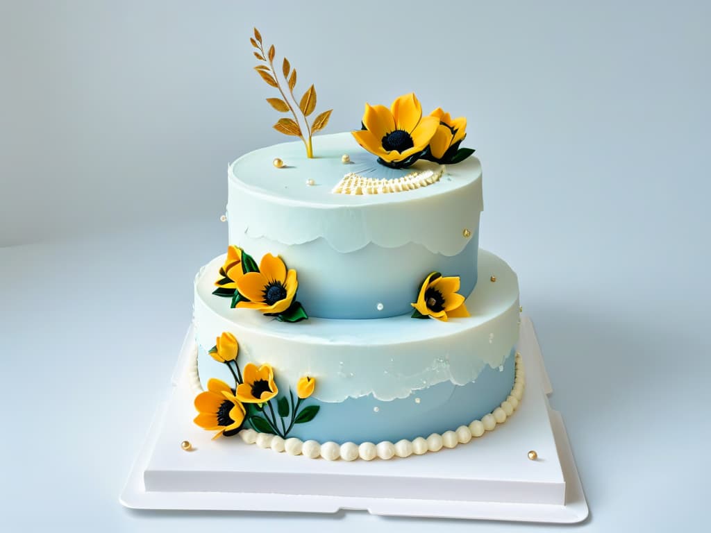  A closeup, ultradetailed image of a perfectly frosted and decorated threetiered cake, featuring intricate piping work, delicate fondant flowers, and shimmering edible gold accents. The cake is displayed on a sleek, modern cake stand against a clean, white background, highlighting the precision and artistry involved in professional cake decorating. hyperrealistic, full body, detailed clothing, highly detailed, cinematic lighting, stunningly beautiful, intricate, sharp focus, f/1. 8, 85mm, (centered image composition), (professionally color graded), ((bright soft diffused light)), volumetric fog, trending on instagram, trending on tumblr, HDR 4K, 8K