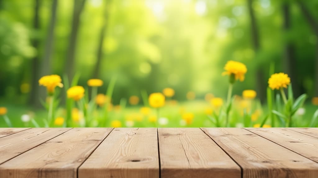  good quality, high quality, wooden tabletop with blurred garden background of green trees and yellow flowers