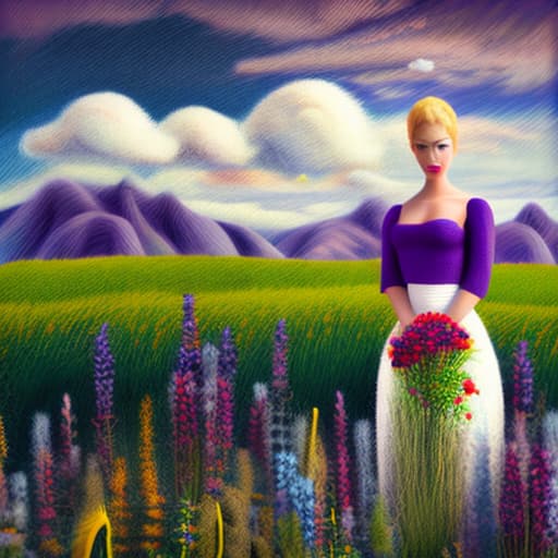 wa-vy style Tall grass, poppies and purple lupins in field. Mountains in distance, Blond haired girl in white dress holding bouquet of flowers sky is blue few clouds sun streams through clouds vivid colors looks like impressionistic painting painting vivid color dream like