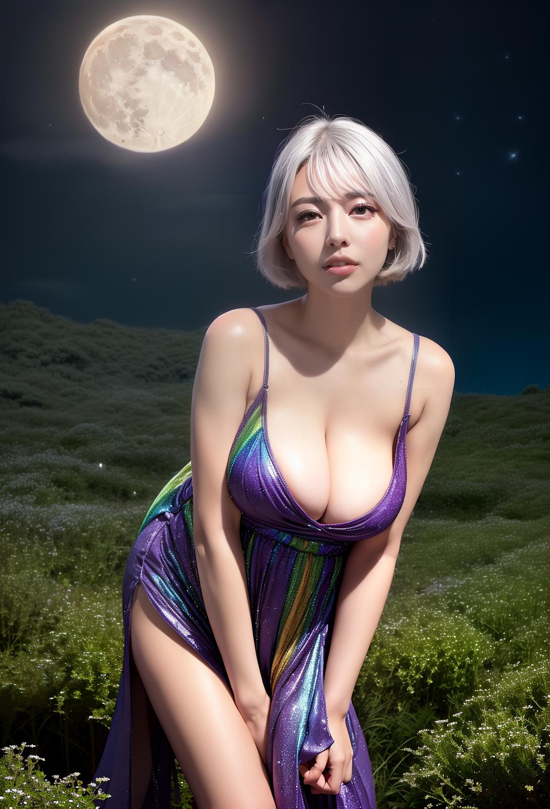  Highest quality, 4K, high resolution, realistic, night sky, moon, star, beautiful woman, full time smile, big eyes, plump breasts, narrow waist, outstanding style, narrow ankle, wide landscape photo , Light Silver colored hair, (seen from below, the sky is above, and the open field is below), a beautiful woman standing up in the flower garden, (full moon: 1.2), (meteor: 0.9), (star cloud : 1.3), distant mountains, trees destroy art, (warm light: 1.2), (fireflies: 1.2), light, purple and orange, complex details, volumetric lighting break (masterpiece: 1.2), (( Maximum quality), 4K, super detail, (dynamic configuration: 1.4), rich colors, (rainbow color: 1.2), (shine, lighting with atmosphere), dreamy, magic, (alone : 1.2), (Masterpiece, B