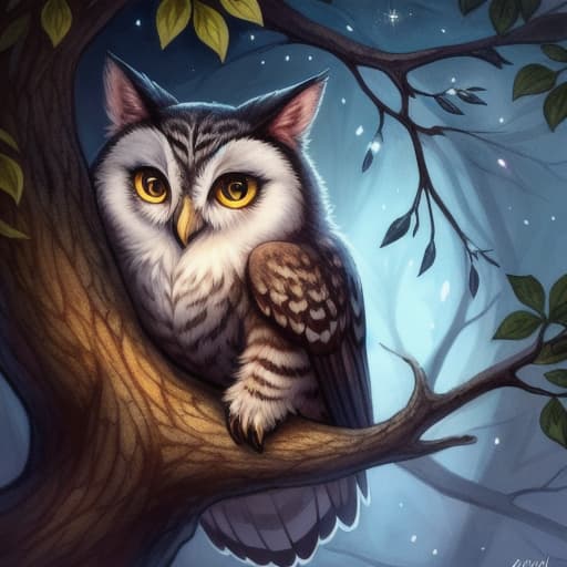  watercolor, storybook, child-book, A cute anthropomorphic cat encountering a wise old owl in a tree, the owl looks kind and wise, it's night time and stars are visible in the sky, cute anthropomorphic cat, wise old owl, best quality, very detailed, high resolution, sharp, sharp image hyperrealistic, full body, detailed clothing, highly detailed, cinematic lighting, stunningly beautiful, intricate, sharp focus, f/1. 8, 85mm, (centered image composition), (professionally color graded), ((bright soft diffused light)), volumetric fog, trending on instagram, trending on tumblr, HDR 4K, 8K