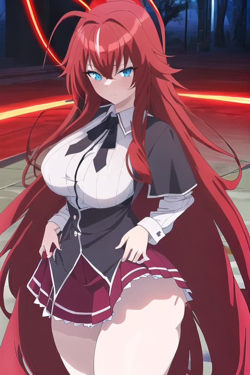  rias gremory,tiny clothing,big ,up,tight ,masterpiece, best quality, 1women, long red hair, looking at viewer, :3, cute, black uniform, outdoors, streets, cowboy shot, curvy, (((blue eyes))), rias gremory, red hair, antenna hair, wavy hair, ((beautiful detailed eyes, beautiful detailed glow, lots of glow)), anime screencap