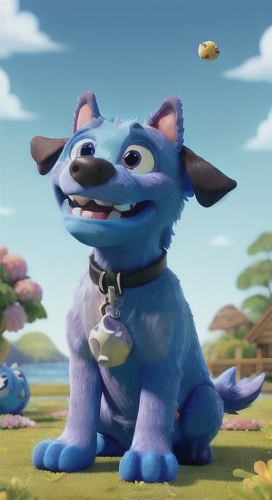  {Max carefully picking up the ball with his teeth without disturbing the flowers, The big blue dog is large with sky blue fur, big round eyes, a black nose, and floppy ears.