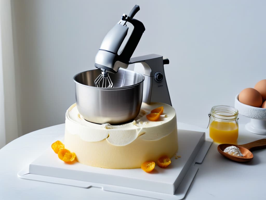  An ultradetailed image of a pristine white marble countertop with a sleek stainless steel stand mixer in the center, surrounded by various baking ingredients like flour, eggs, vanilla beans, and a bowl of whipped cream. The mixer's attachments are neatly arranged next to it, showcasing attention to detail and precision in baking. This minimalist yet detailed image conveys a sense of professional elegance and inspires the reader to create perfect doughs and creams. hyperrealistic, full body, detailed clothing, highly detailed, cinematic lighting, stunningly beautiful, intricate, sharp focus, f/1. 8, 85mm, (centered image composition), (professionally color graded), ((bright soft diffused light)), volumetric fog, trending on instagram, trending on tumblr, HDR 4K, 8K