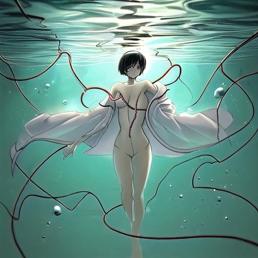  a human woman under water with short hair wiring a robe without anything else