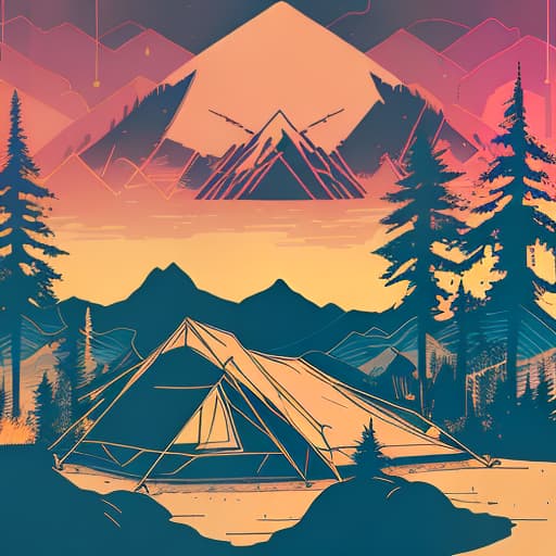 nvinkpunk Whimsical mountains with trees, camping tent and fire