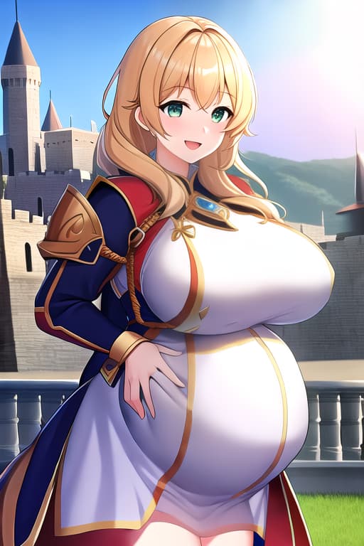  1boy, smile, knight armor, carrying sword and shield, dynamic pose, castle background, looking at viewer, best quality, masterpiece, (( Huge breast )), (( huge pregnant )), (( full vodi ))