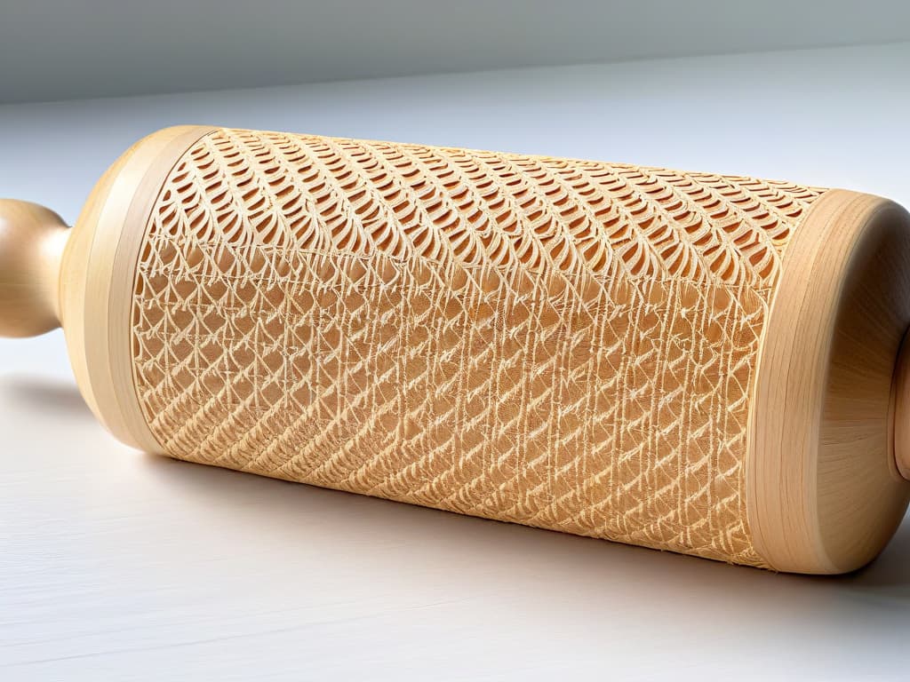  An ultradetailed closeup image of a sleek, modern rolling pin with intricate patterns carved into its surface, showcasing its highquality craftsmanship and precision. The rolling pin is set against a clean, white background to emphasize its minimalistic design, with subtle lighting that highlights the fine details of the patterns. This image is meant to evoke a sense of professionalism and sophistication, perfectly complementing the informative and inspiring tone of the article on patterned rolling pins for cookie and fondant decoration. hyperrealistic, full body, detailed clothing, highly detailed, cinematic lighting, stunningly beautiful, intricate, sharp focus, f/1. 8, 85mm, (centered image composition), (professionally color graded), ((bright soft diffused light)), volumetric fog, trending on instagram, trending on tumblr, HDR 4K, 8K