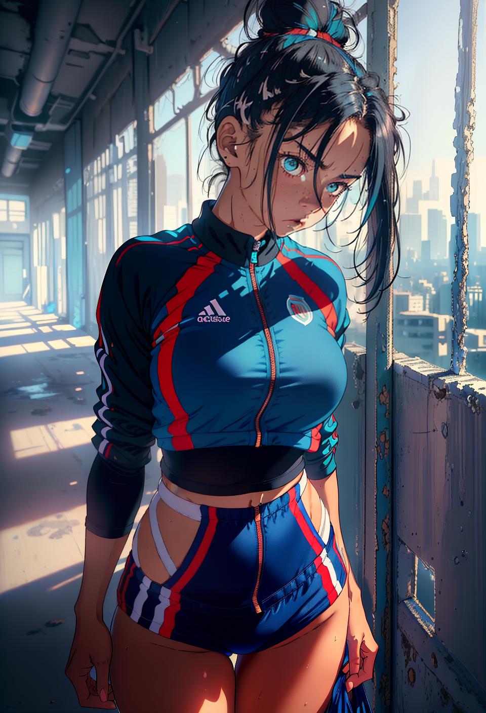  ((trending, highres, masterpiece, cinematic shot)), 1girl, mature, female sportswear, large, ruins scene, long messy dark blue hair, hair in a bun, narrow aqua eyes, apathetic personality, scared expression, tanned skin, orderly, energetic