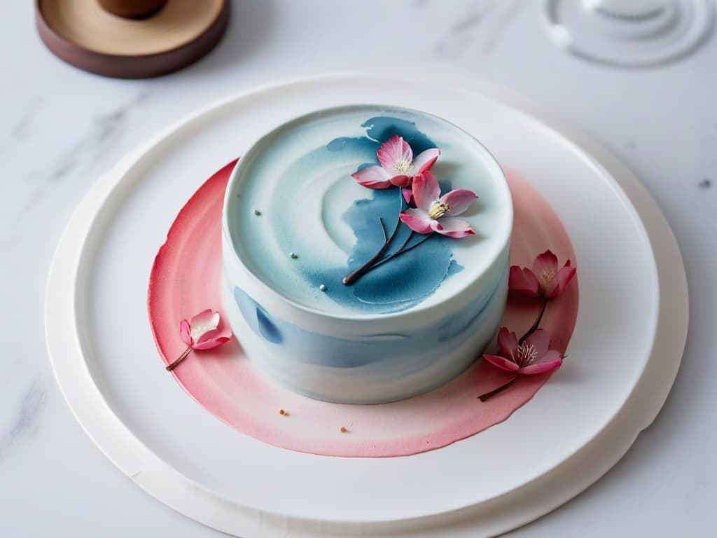  An intricate, minimalist watercolor painting of a delicate wagashi sweet, adorned with subtle cherry blossom petals. The wagashi is elegantly placed on a traditional Japanese ceramic plate, showcasing its detailed craftsmanship and the artistry of Japanese confectionery. The subtle pastel hues and gentle brushstrokes evoke a sense of tranquility and precision, perfectly capturing the essence of Japanese culinary art. hyperrealistic, full body, detailed clothing, highly detailed, cinematic lighting, stunningly beautiful, intricate, sharp focus, f/1. 8, 85mm, (centered image composition), (professionally color graded), ((bright soft diffused light)), volumetric fog, trending on instagram, trending on tumblr, HDR 4K, 8K