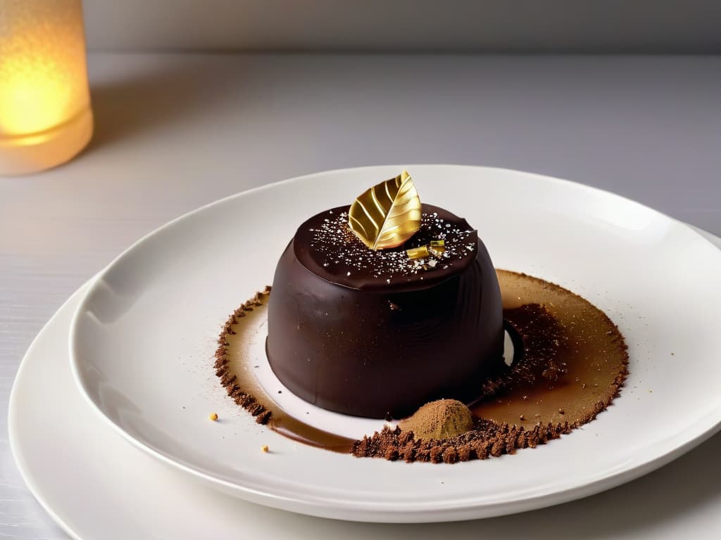  A closeup, ultradetailed image of a dark chocolate truffle with a smooth, glossy surface, dusted with a light sprinkling of cocoa powder, placed on a sleek, modern white porcelain plate. The chocolate truffle is delicately decorated with a single gold leaf, adding a touch of elegance and luxury to the composition. The lighting is soft and diffused, highlighting the richness and texture of the chocolate, creating a visually captivating and enticing image that perfectly embodies the concept of highquality chocolate brands for pastry making. hyperrealistic, full body, detailed clothing, highly detailed, cinematic lighting, stunningly beautiful, intricate, sharp focus, f/1. 8, 85mm, (centered image composition), (professionally color graded), ((bright soft diffused light)), volumetric fog, trending on instagram, trending on tumblr, HDR 4K, 8K