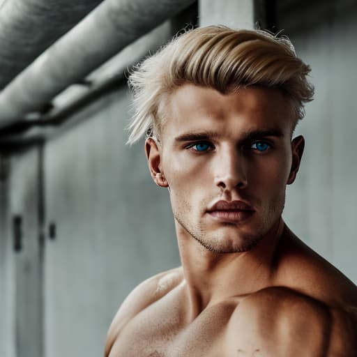 portrait+ style Russian queer fitness model blonde hunk dude face