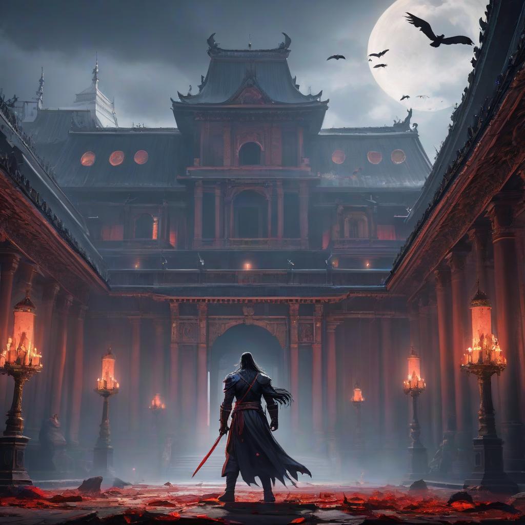  fighting game style drawing of a man with long hair standing in front of the palace, inspired by Tetsugoro Yorozu, Gothic art, crows flying where blood boils, Halloween style, Rob Bottin, white outline. . dynamic, vibrant, action packed, detailed character design, reminiscent of fighting video games hyperrealistic, full body, detailed clothing, highly detailed, cinematic lighting, stunningly beautiful, intricate, sharp focus, f/1. 8, 85mm, (centered image composition), (professionally color graded), ((bright soft diffused light)), volumetric fog, trending on instagram, trending on tumblr, HDR 4K, 8K