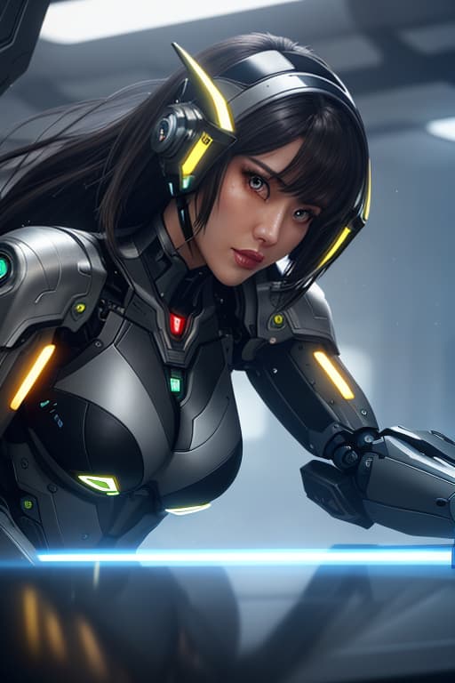  cgmech, beautiful eyes, upper body, underboob, portrait, robot, armor, Aya nakamura, neon light, 8K, RAW, best quality, masterpiece, ultra high res, colorful, (medium wide shot), (dynamic perspective), sharp focus , (depth of field, bokeh:1.3), extremely detailed eyes and face, beautiful detailed eyes,(black gold, trimmed gear:1.2),(In a futuristic weapons factory:1.2), ((masterpiece, best quality)), <lora:more details:0.3> Detailed background, spaceship interior <lora:Niji:0.5> hyperrealistic, full body, detailed clothing, highly detailed, cinematic lighting, stunningly beautiful, intricate, sharp focus, f/1. 8, 85mm, (centered image composition), (professionally color graded), ((bright soft diffused light)), volumetric fog, trending on instagram, trending on tumblr, HDR 4K, 8K