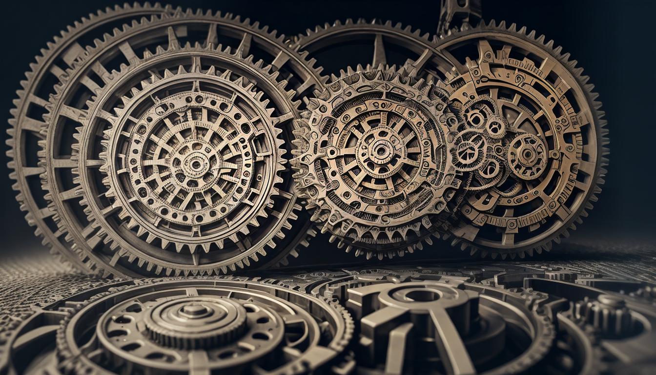  digital illustration, Interconnected gears, one large central gear labeled 'investment', smaller gears around it labeled 'time', 'emotions', 'efforts', intricate mechanical design, sense of connectivity, detailed metal texture, harmony, synchronization, looking at viewer, dynamic pose, (intricate details, masterpiece, best quality)