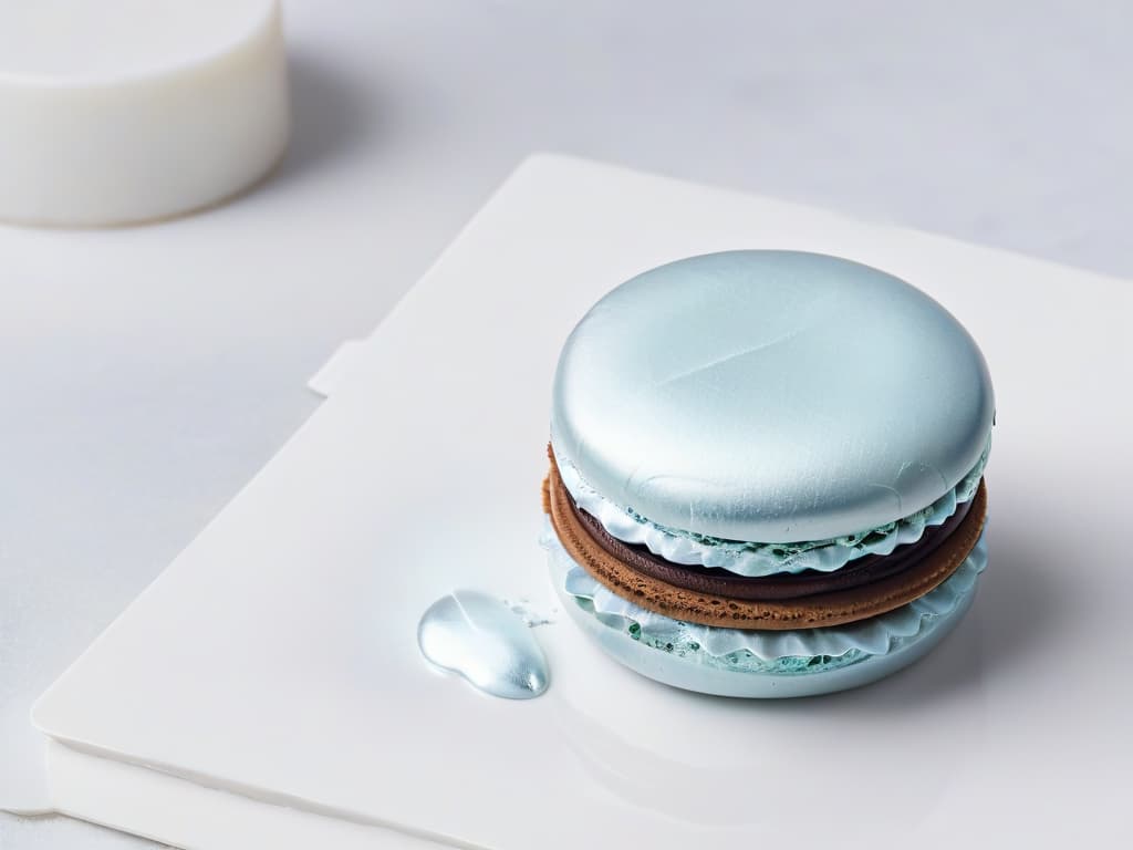  A closeup, ultradetailed photograph of a perfectly textured and glossy macaron shell, delicately filled with a smooth, pastelcolored ganache, resting on a pristine white marble surface. The macaron is flawlessly formed, showcasing crisp, symmetrical feet and a slightly cracked, shiny surface that glistens under soft, natural lighting. The colors are subtle and elegant, exuding a sense of sophistication and craftsmanship. hyperrealistic, full body, detailed clothing, highly detailed, cinematic lighting, stunningly beautiful, intricate, sharp focus, f/1. 8, 85mm, (centered image composition), (professionally color graded), ((bright soft diffused light)), volumetric fog, trending on instagram, trending on tumblr, HDR 4K, 8K