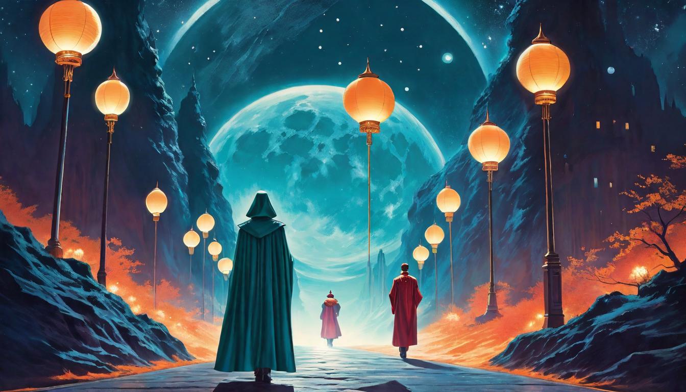  retro futuristic A solitary (gender neutral) cloak wearer treading a path lit by ethereal lanterns, each lantern a different phase of the moon, silent testament, ordained journey, spiritual luminescence lvintage sci fi, 50s and 60s style, atomic age, vibrant, highly detailed