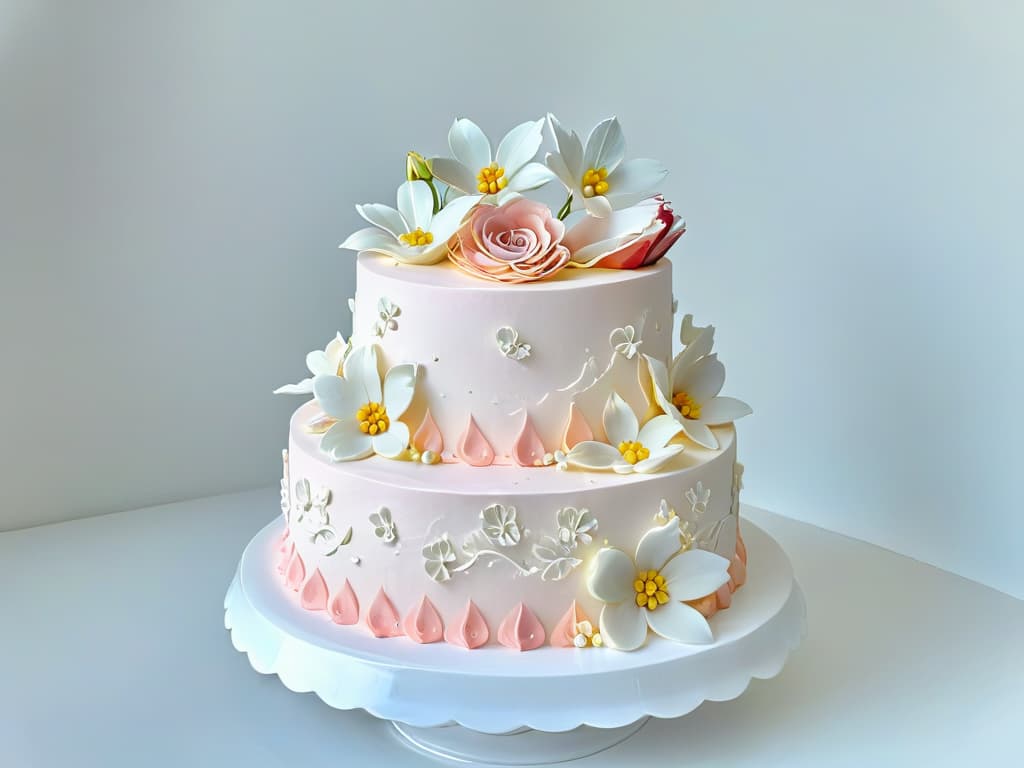  A photorealistic image of a beautifully decorated threetiered cake, covered in pastel pink fondant with intricate piping details in white royal icing. The cake is adorned with an array of delicate fondant flowers in shades of pink, yellow, and white, showcasing impeccable craftsmanship and artistry. The background is softly blurred to keep the focus on the stunning cake, with subtle lighting accentuating its textures and colors. hyperrealistic, full body, detailed clothing, highly detailed, cinematic lighting, stunningly beautiful, intricate, sharp focus, f/1. 8, 85mm, (centered image composition), (professionally color graded), ((bright soft diffused light)), volumetric fog, trending on instagram, trending on tumblr, HDR 4K, 8K