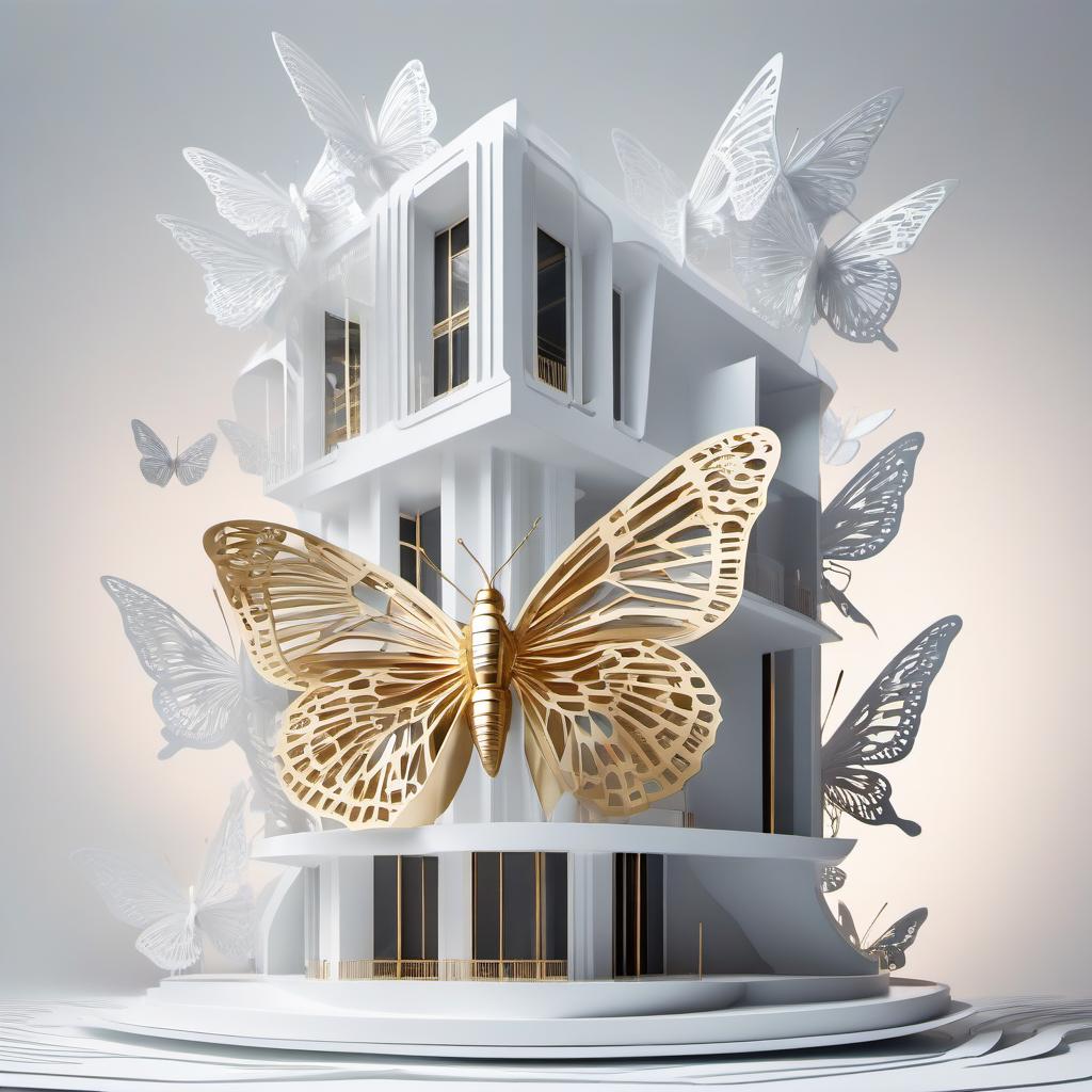  stacked papercut art of Futuristic white home in Zaha Hadid style with golden butterflies. . 3D, layered, dimensional, depth, precision cut, stacked layers, papercut, high contrast hyperrealistic, full body, detailed clothing, highly detailed, cinematic lighting, stunningly beautiful, intricate, sharp focus, f/1. 8, 85mm, (centered image composition), (professionally color graded), ((bright soft diffused light)), volumetric fog, trending on instagram, trending on tumblr, HDR 4K, 8K