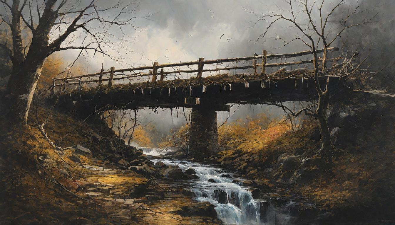  （surrealism)+++A bridge constructed from various pieces of debris and branches, symbolizing the integration of personal trauma into a path of service and recovery. looking at viewer,(intricate details, masterpiece, best quality)++