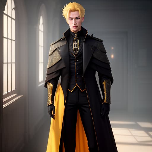  On the image, there's a young man. He's standing upright. He has yellow hair. He has blue eyes. He's wearing a black long coat with yellow inserts. hyperrealistic, full body, detailed clothing, highly detailed, cinematic lighting, stunningly beautiful, intricate, sharp focus, f/1. 8, 85mm, (centered image composition), (professionally color graded), ((bright soft diffused light)), volumetric fog, trending on instagram, trending on tumblr, HDR 4K, 8K