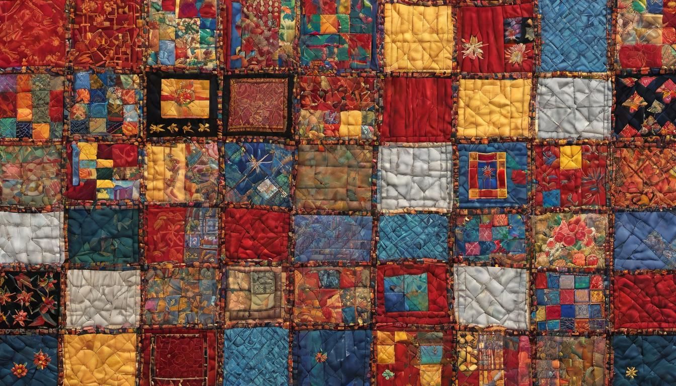  digital painting of A patchwork quilt, each square representing a global issue hunger, inequality, warfare stitched together by golden threads, hands at work in the corners, the act of mending, solidarity in action, quilt spans vast, each square a vivid story, golden threads shine with hope, craftsmanship of cooperation looking at viewer, dynamic pose, (intricate details, masterpiece, best quality)