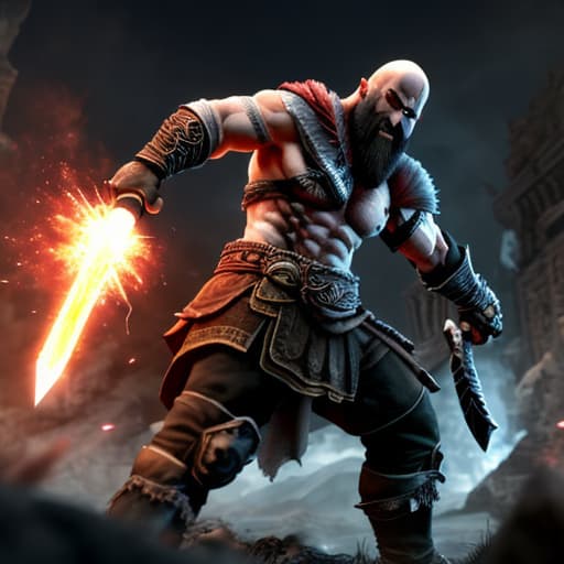  in style of 3D game, kratos killing a monster