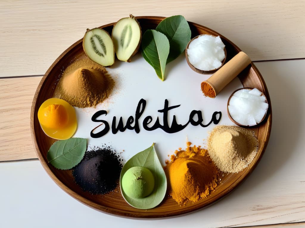  A serene and minimalist image of a variety of natural sweeteners neatly arranged on a light wooden surface, including stevia leaves, monk fruit, erythritol crystals, and coconut sugar, each labeled elegantly in calligraphy. The soft natural light gently illuminates the scene, creating a sense of purity and healthfulness, ideal for showcasing safe and delicious natural sweetener options for diabetics. hyperrealistic, full body, detailed clothing, highly detailed, cinematic lighting, stunningly beautiful, intricate, sharp focus, f/1. 8, 85mm, (centered image composition), (professionally color graded), ((bright soft diffused light)), volumetric fog, trending on instagram, trending on tumblr, HDR 4K, 8K