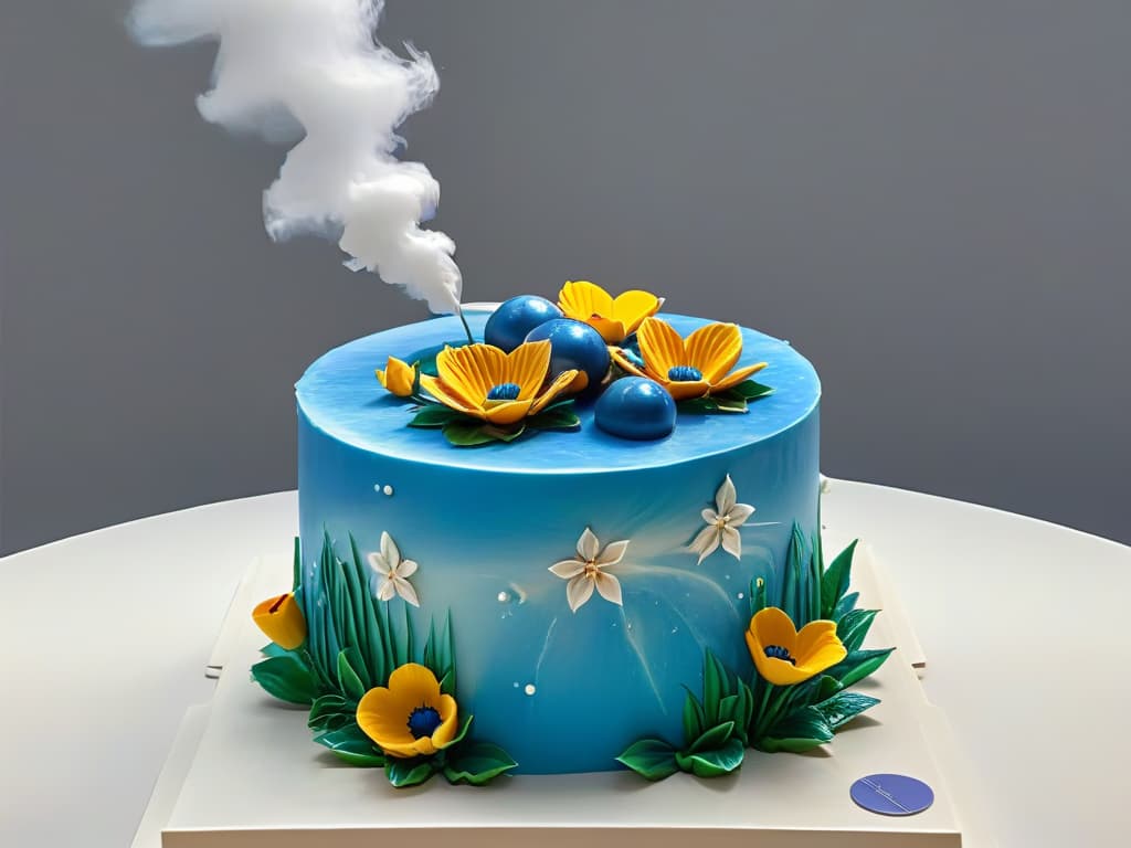  A closeup, ultradetailed image of a virtual, holographic cake being meticulously decorated with intricate sugar flowers and delicate piping details using augmented reality technology. The cake appears incredibly realistic, with vibrant colors and lifelike textures that showcase the advanced skills and creativity that can be achieved through augmented reality in the world of pastry arts. hyperrealistic, full body, detailed clothing, highly detailed, cinematic lighting, stunningly beautiful, intricate, sharp focus, f/1. 8, 85mm, (centered image composition), (professionally color graded), ((bright soft diffused light)), volumetric fog, trending on instagram, trending on tumblr, HDR 4K, 8K