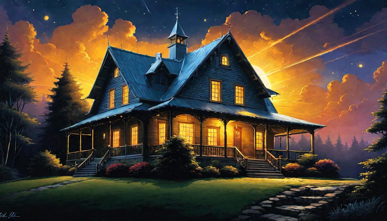  （surrealism)Vivid, bright protective light enveloping a house, light beams softly radiating, house detailed with fine lines, night setting, warm glow, secure and safe atmosphere mystic, intricate details, best quality)