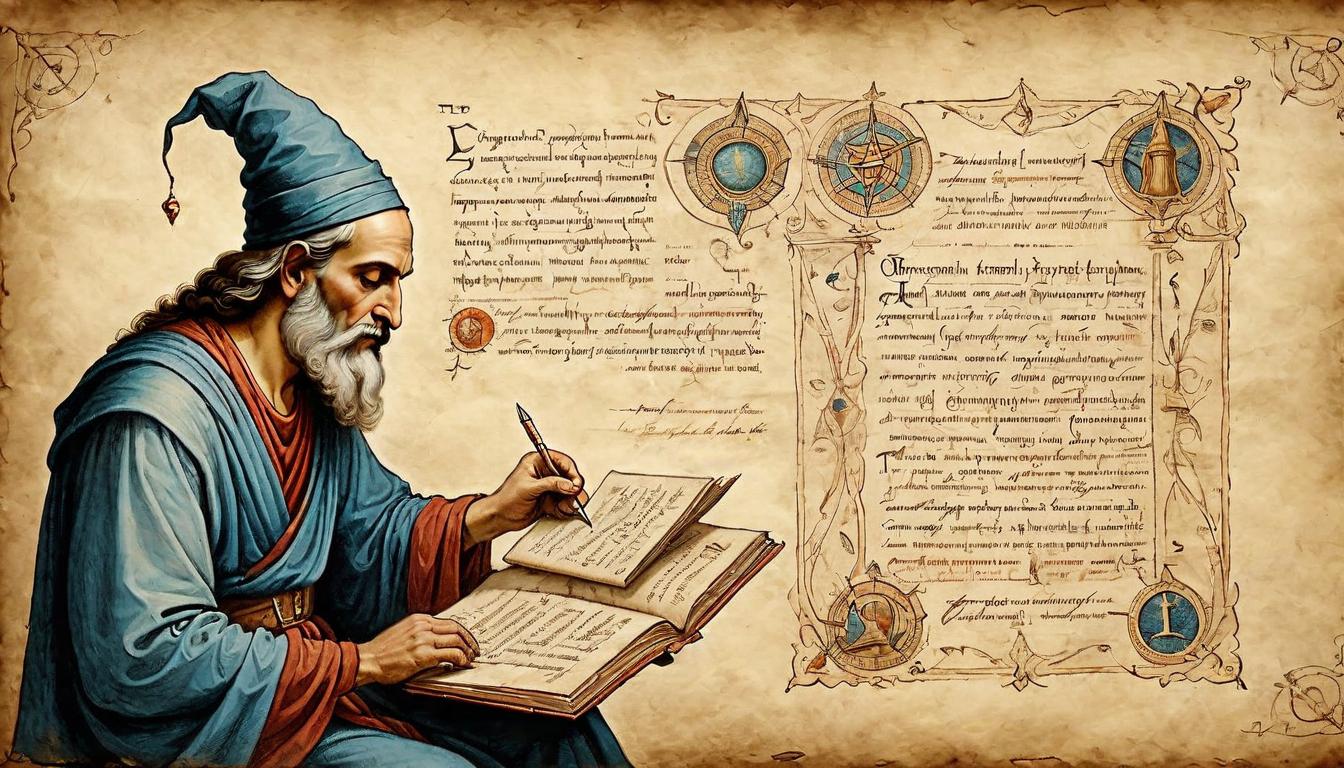  on parchment, surrealism+++, Person applying wisdom from ancient text, calm demeanor, guided actions, problem solving, enlightened presence(mysterious, provocative, symbolic,muted color)+++