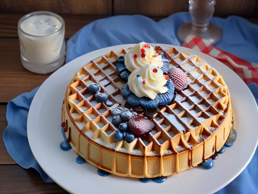  A minimalistic image of a plate of freshly made waffles topped with a scoop of melting vanilla ice cream, drizzled with syrup and sprinkled with red and blue candies, all placed on a rustic wooden table with a flickering string of fairy lights in the background to evoke a cozy and nostalgic feel reminiscent of the *Stranger Things* series. hyperrealistic, full body, detailed clothing, highly detailed, cinematic lighting, stunningly beautiful, intricate, sharp focus, f/1. 8, 85mm, (centered image composition), (professionally color graded), ((bright soft diffused light)), volumetric fog, trending on instagram, trending on tumblr, HDR 4K, 8K