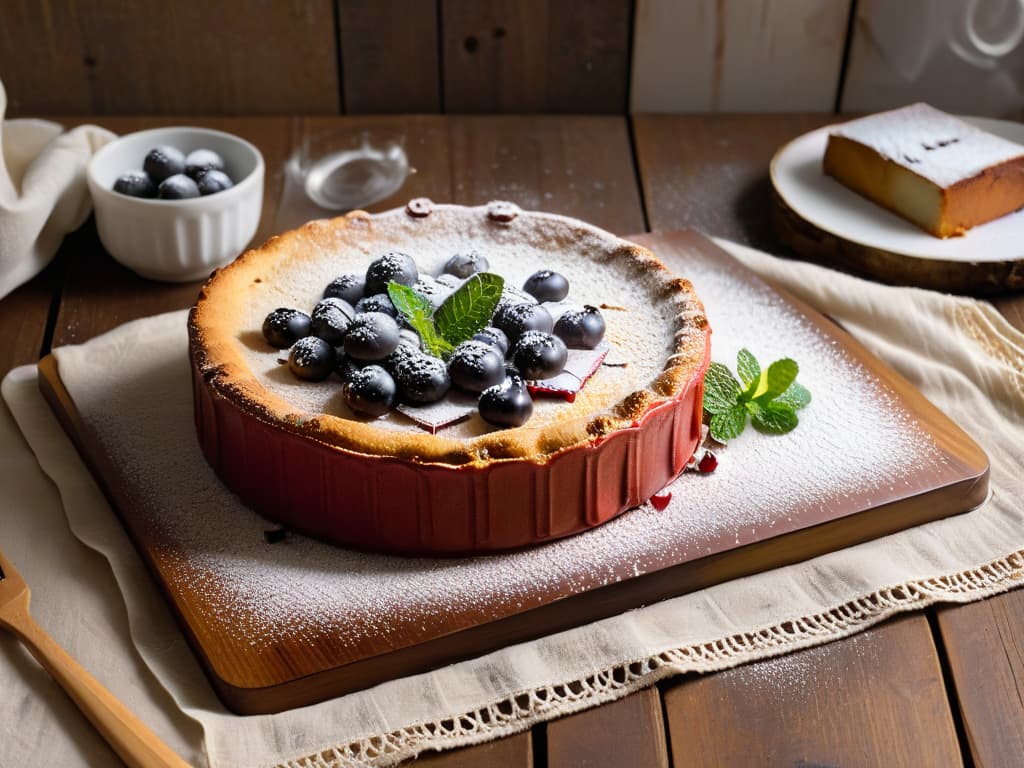  A photorealistic image of a freshly baked cherry clafoutis, dusted with powdered sugar and garnished with a sprig of mint, sitting on a rustic wooden table with a vintage French linen napkin underneath. The clafoutis is golden brown on the edges, and when sliced, the juicy cherries are perfectly distributed throughout the custardlike filling. The lighting is soft, highlighting the glossy texture of the dessert, and there are a few cherries scattered around the plate to enhance the overall composition. hyperrealistic, full body, detailed clothing, highly detailed, cinematic lighting, stunningly beautiful, intricate, sharp focus, f/1. 8, 85mm, (centered image composition), (professionally color graded), ((bright soft diffused light)), volumetric fog, trending on instagram, trending on tumblr, HDR 4K, 8K