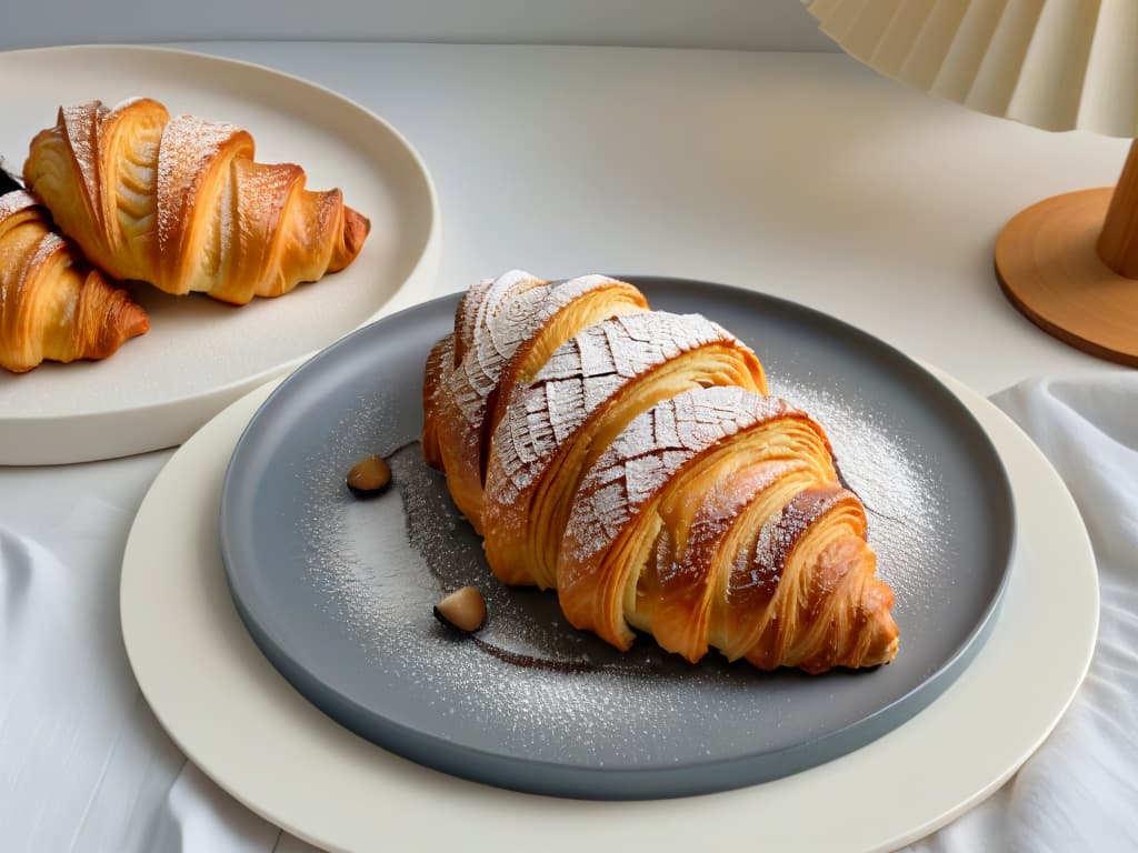  A closeup, ultradetailed image of a perfectly golden and flaky glutenfree croissant, showcasing its delicate layers and inviting texture. The croissant is placed on a sleek, modern plate against a soft, neutral background, emphasizing its elegance and simplicity in a minimalistic style. hyperrealistic, full body, detailed clothing, highly detailed, cinematic lighting, stunningly beautiful, intricate, sharp focus, f/1. 8, 85mm, (centered image composition), (professionally color graded), ((bright soft diffused light)), volumetric fog, trending on instagram, trending on tumblr, HDR 4K, 8K