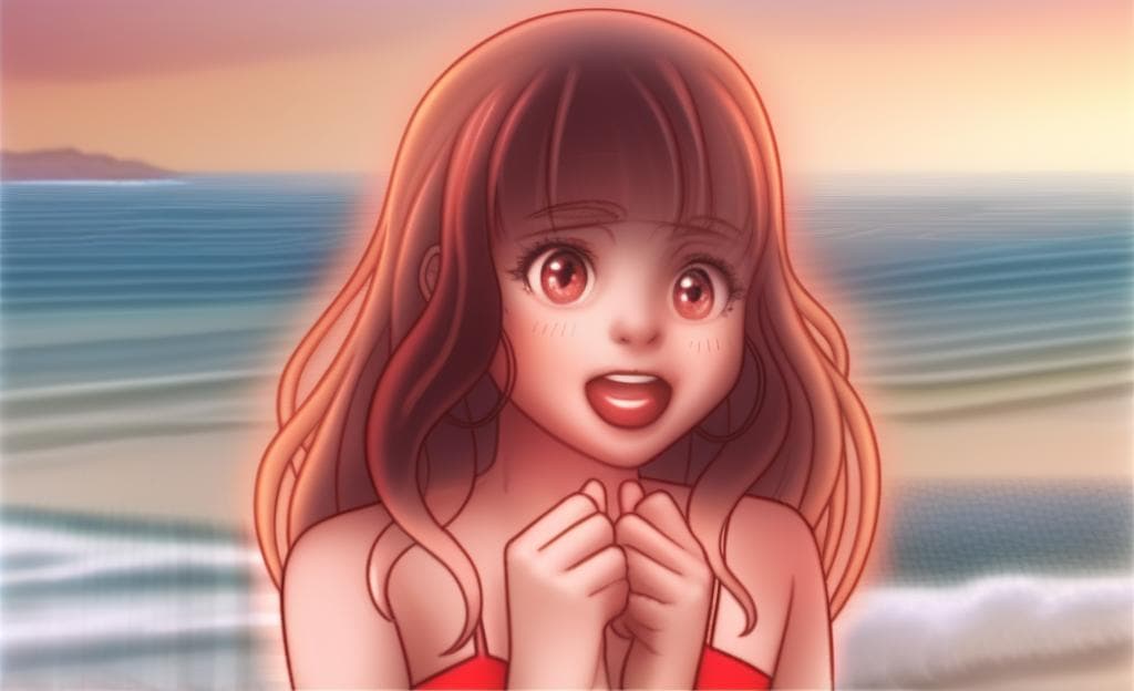 a girl, wearing red bikini, looking at camera, ocean in background
