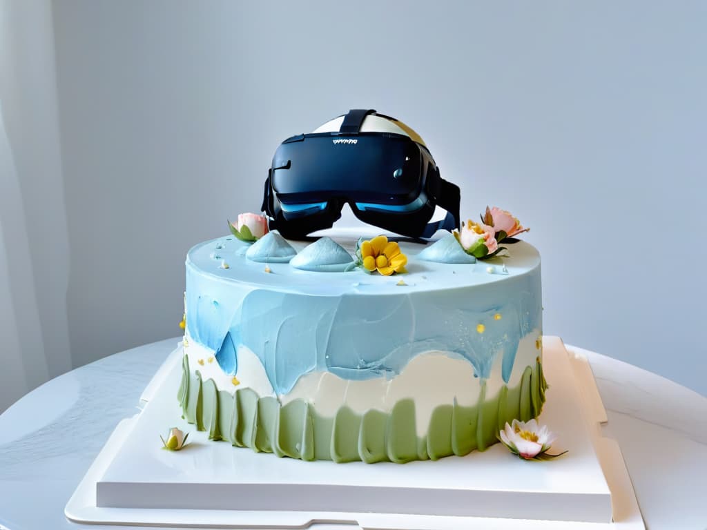  A highresolution image of a sleek, modern virtual reality headset resting on a marble countertop, with a vibrant, realistic 3D cake floating above it. The cake displays intricate details like fondant flowers, delicate piping work, and shimmering edible glitter, showcasing the blend of traditional pastry techniques with cuttingedge virtual teaching methods. The background is softly blurred to keep the focus on the futuristic VR headset and the delectable dessert hovering above it, symbolizing the evolution of pastry education through virtual reality technology. hyperrealistic, full body, detailed clothing, highly detailed, cinematic lighting, stunningly beautiful, intricate, sharp focus, f/1. 8, 85mm, (centered image composition), (professionally color graded), ((bright soft diffused light)), volumetric fog, trending on instagram, trending on tumblr, HDR 4K, 8K