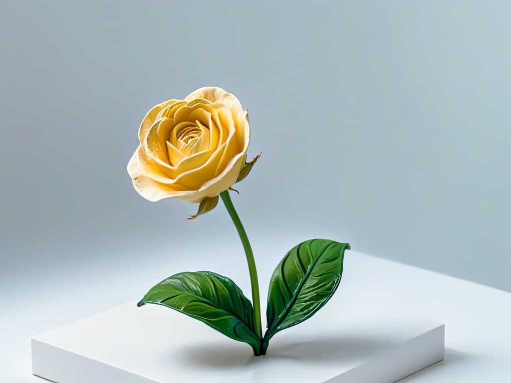  A closeup, ultradetailed image of a delicate sugar sculpture of a blooming rose, meticulously crafted to perfection. The sculpture stands elegantly against a soft, blurred background, showcasing intricate details like delicate petals, refined edges, and a glistening texture that reflects the surrounding light. Each petal is expertly shaped and sculpted, capturing the essence of beauty and fragility in a stunning, minimalist composition. hyperrealistic, full body, detailed clothing, highly detailed, cinematic lighting, stunningly beautiful, intricate, sharp focus, f/1. 8, 85mm, (centered image composition), (professionally color graded), ((bright soft diffused light)), volumetric fog, trending on instagram, trending on tumblr, HDR 4K, 8K