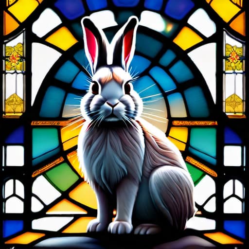  1. Stained glass style rabbit design for a t-shirt hyperrealistic, full body, detailed clothing, highly detailed, cinematic lighting, stunningly beautiful, intricate, sharp focus, f/1. 8, 85mm, (centered image composition), (professionally color graded), ((bright soft diffused light)), volumetric fog, trending on instagram, trending on tumblr, HDR 4K, 8K