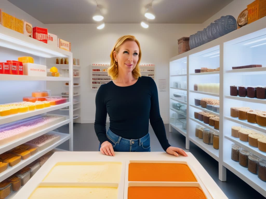  A minimalist and sleek image of Christina Tosi in her Milk Bar kitchen, surrounded by shelves of colorful ingredients, focused and deep in thought as she crafts a new innovative dessert. The image captures her passion and creativity, with soft lighting emphasizing the clean lines and organized chaos of the workspace. hyperrealistic, full body, detailed clothing, highly detailed, cinematic lighting, stunningly beautiful, intricate, sharp focus, f/1. 8, 85mm, (centered image composition), (professionally color graded), ((bright soft diffused light)), volumetric fog, trending on instagram, trending on tumblr, HDR 4K, 8K