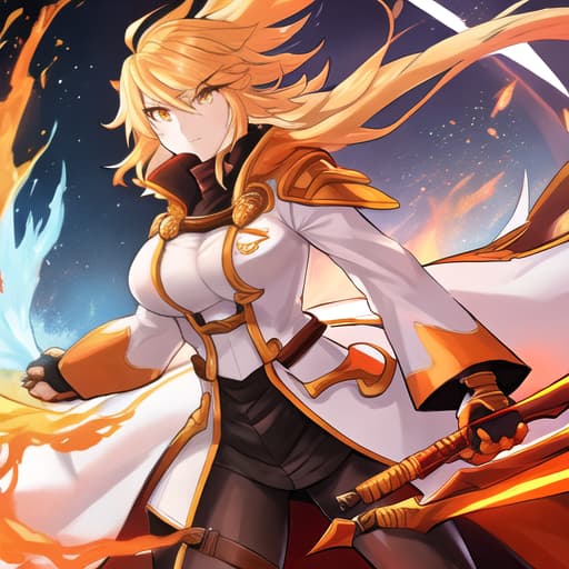  Warrior, Adult Woman, Blonde Fire Hair, Orange Eyes, White long tailcoat accented by Orange, Anime, Fantasy, high quality