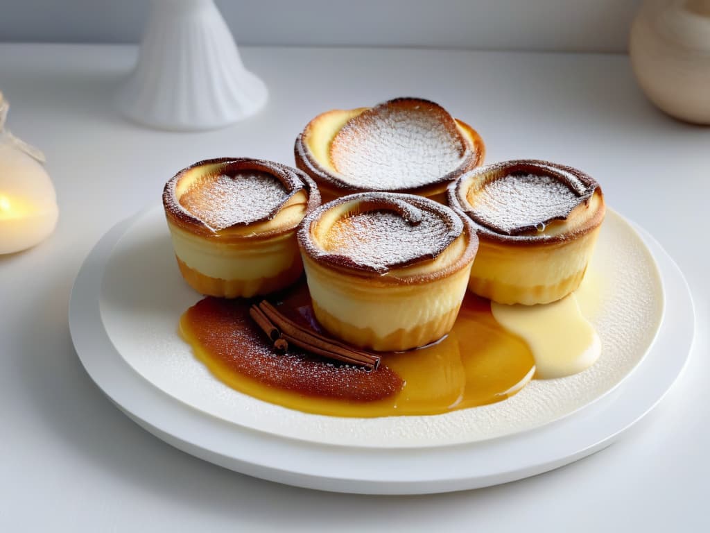  A closeup, ultradetailed image of a perfectly goldenbrown Pastel de Nata with a delicate flaky crust, elegantly dusted with a sprinkle of cinnamon and powdered sugar, sitting on a modern, sleek white plate against a soft, blurred background. The layers of the custard filling are visible, showcasing a smooth texture and a rich creamy color that contrasts beautifully with the dark spots of caramelization on top. This minimalistic image captures the essence of this authentic Portuguese delicacy in exquisite detail, inviting the viewer to indulge in its deliciousness. hyperrealistic, full body, detailed clothing, highly detailed, cinematic lighting, stunningly beautiful, intricate, sharp focus, f/1. 8, 85mm, (centered image composition), (professionally color graded), ((bright soft diffused light)), volumetric fog, trending on instagram, trending on tumblr, HDR 4K, 8K