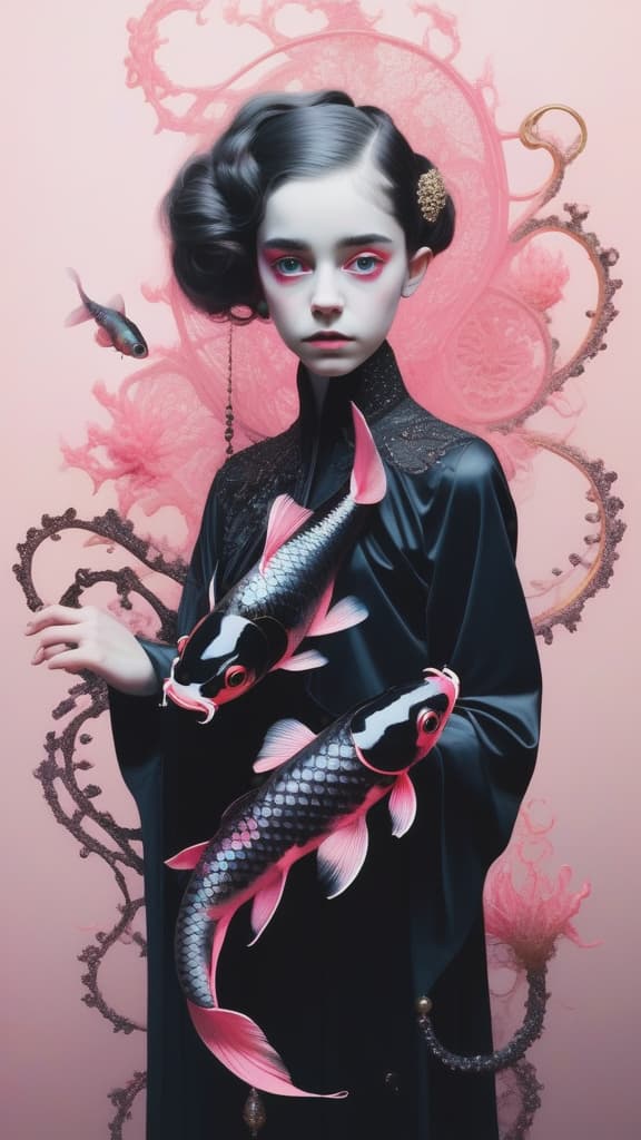  photo RAW, (Black, neon pink and magenta : Portrait of 2 ghostly long tailed black koi, woman, shiny aura, highly detailed, black pearls, gold and coral filigree, intricate motifs, organic tracery, Kiernan Shipka, Januz Miralles, Hikari Shimoda, glowing stardust by W. Zelmer, perfect composition, smooth, sharp focus, sparkling particles, lively coral reef colored background Realistic, realism, hd, 35mm photograph, 8k), masterpiece, award winning photography, natural light, perfect composition, high detail, hyper realistic, add depth, water background hyperrealistic, full body, detailed clothing, highly detailed, cinematic lighting, stunningly beautiful, intricate, sharp focus, f/1. 8, 85mm, (centered image composition), (professionally color graded), ((bright soft diffused light)), volumetric fog, trending on instagram, trending on tumblr, HDR 4K, 8K