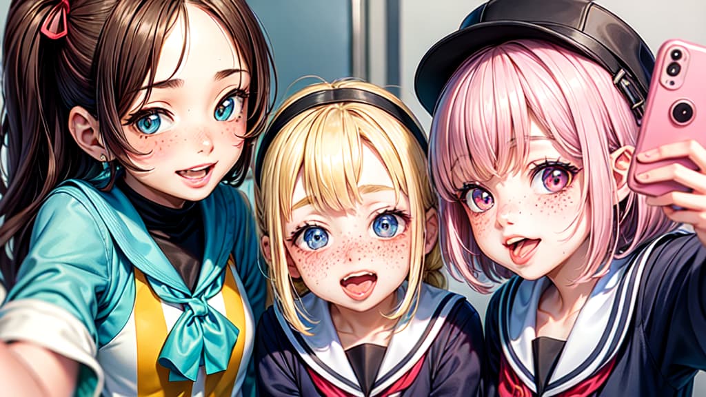  3 school girls, blush on cheeks, freckles, taking selfie, tongue sticking out ,